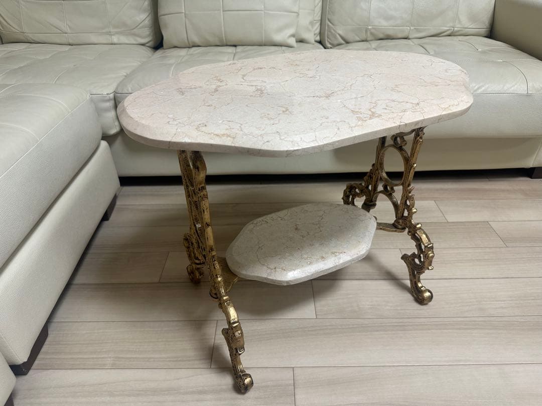 アンティーク調　大理石調　サイドテーブル　ゴールド脚