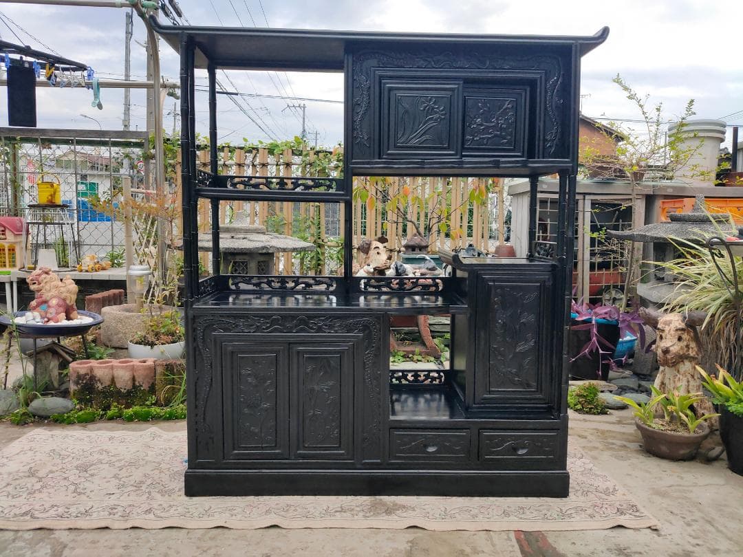 (送料設置込み) 高級茶棚☆飾り棚 ☆茶箪笥☆唐木☆収納棚☆透かし彫り☆無垢