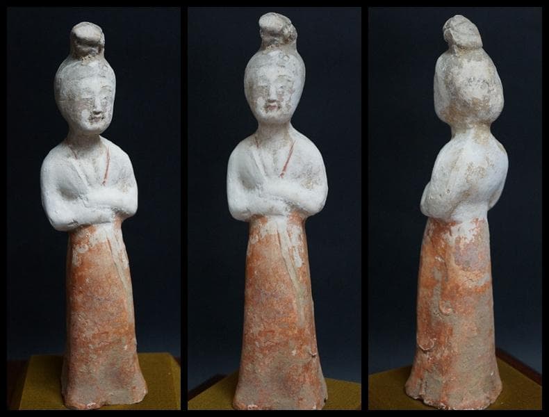 唐 加彩人物俑 貴婦人立像 唐木ガラスケース入り 置物 飾り物