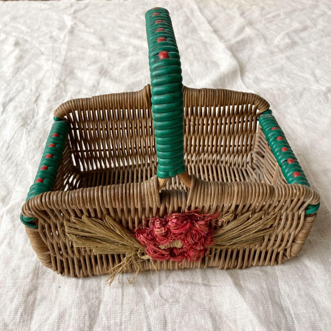 本物イギリスアンティークバスケット　レアミニ　花モチーフ