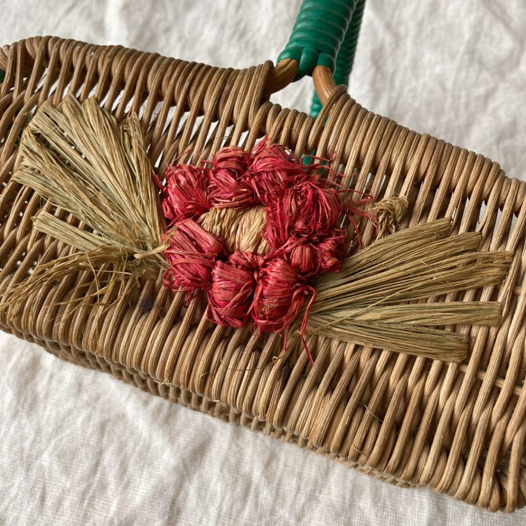 本物イギリスアンティークバスケット　レアミニ　花モチーフ