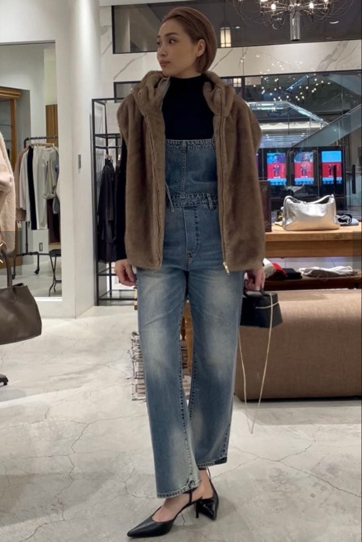 デニムサロペット レオパード柄ポケット付き