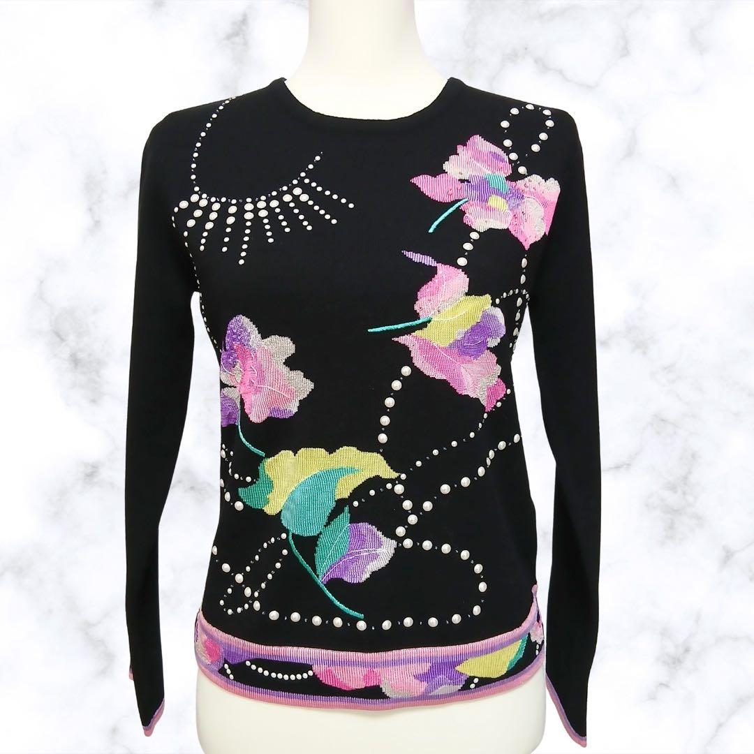 【美品】LEONARD レオナール　カシミヤ 刺繍ニット パール装飾 38