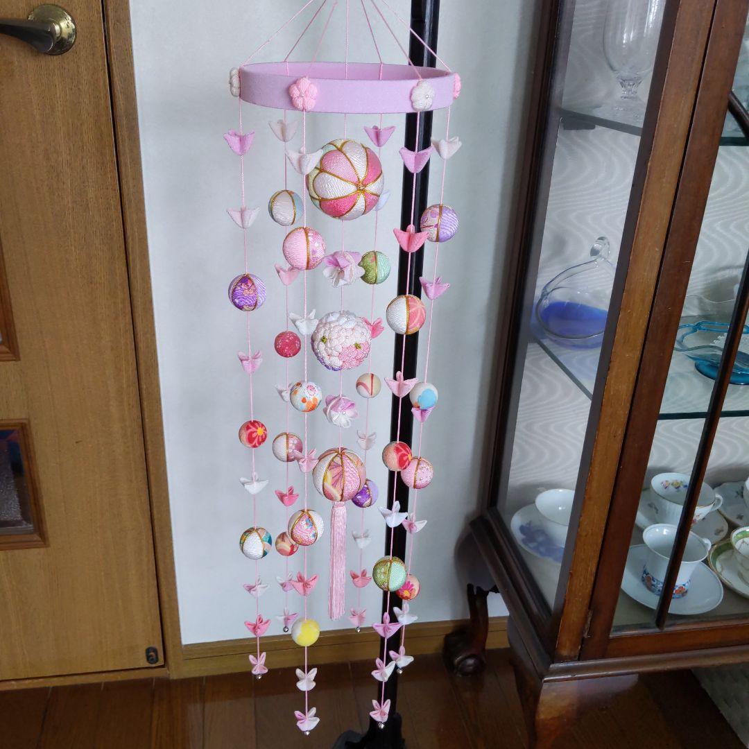 ちりめん細工　お花とまりの下げ飾り(大)　ピンク