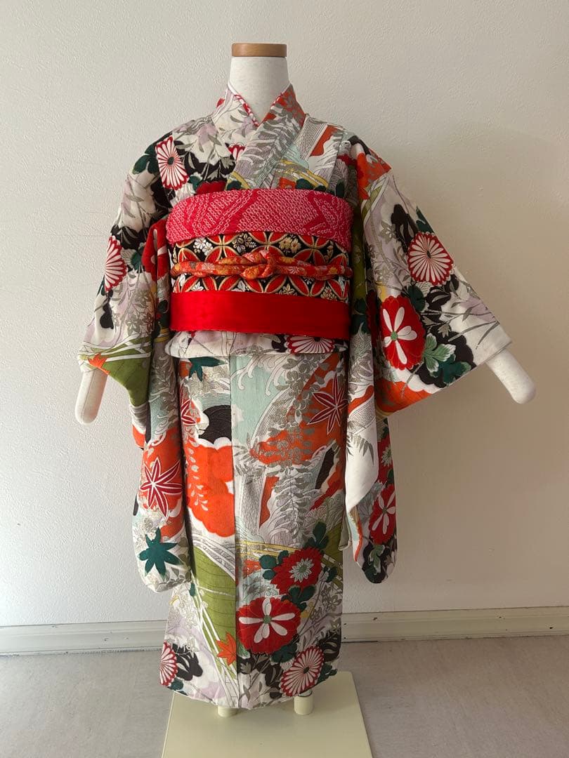 5歳　6歳　7歳　七五三　アンティーク正絹着物、帯、帯揚げ、帯締め、しごきセット