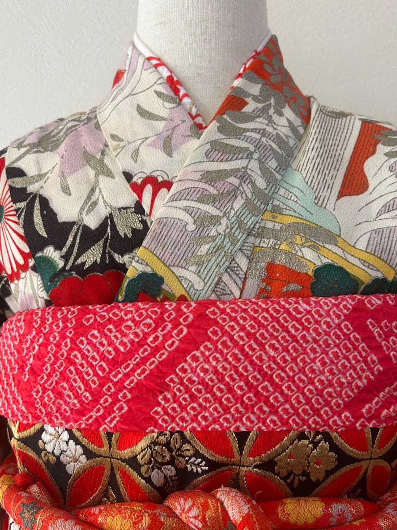 5歳　6歳　7歳　七五三　アンティーク正絹着物、帯、帯揚げ、帯締め、しごきセット