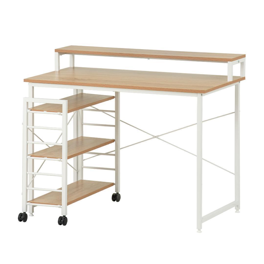 【ナチュラル】パソコンデスク キャスター付きで移動可能ラック付き ワークデスク