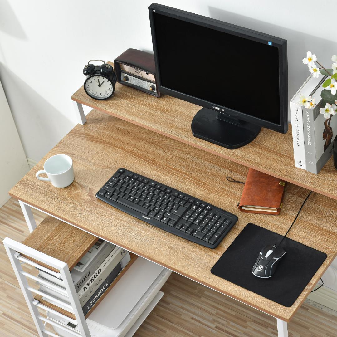 【ナチュラル】パソコンデスク キャスター付きで移動可能ラック付き ワークデスク