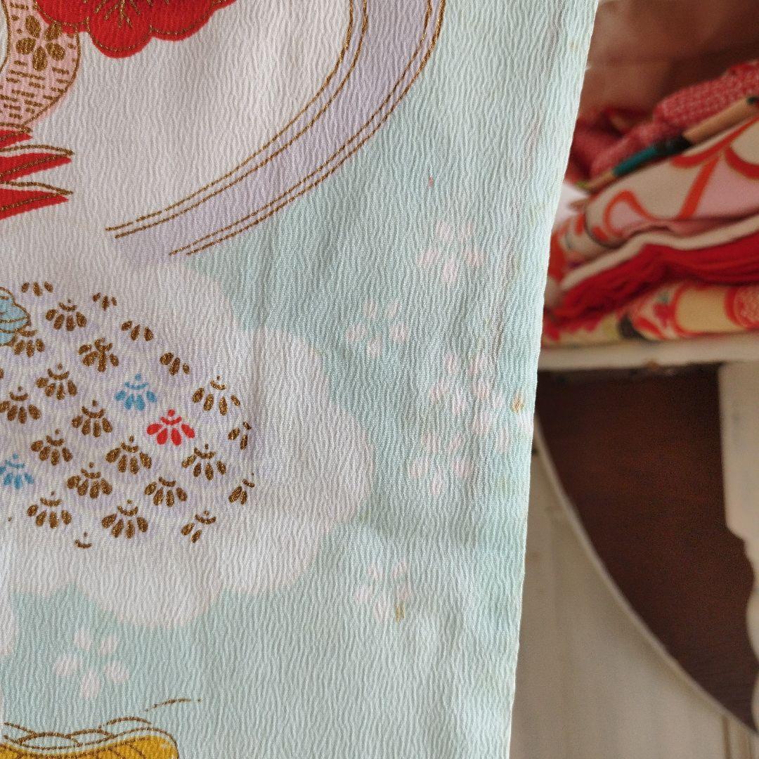 アンティーク白、ブルーの着物と作り帯セット