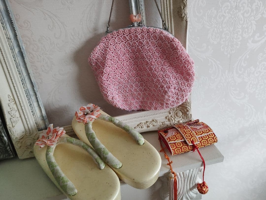 アンティーク白、ブルーの着物と作り帯セット