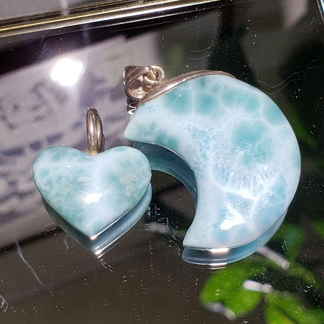 ラリマー　月　ハート　larimar & silver 作 ペンダントトップ