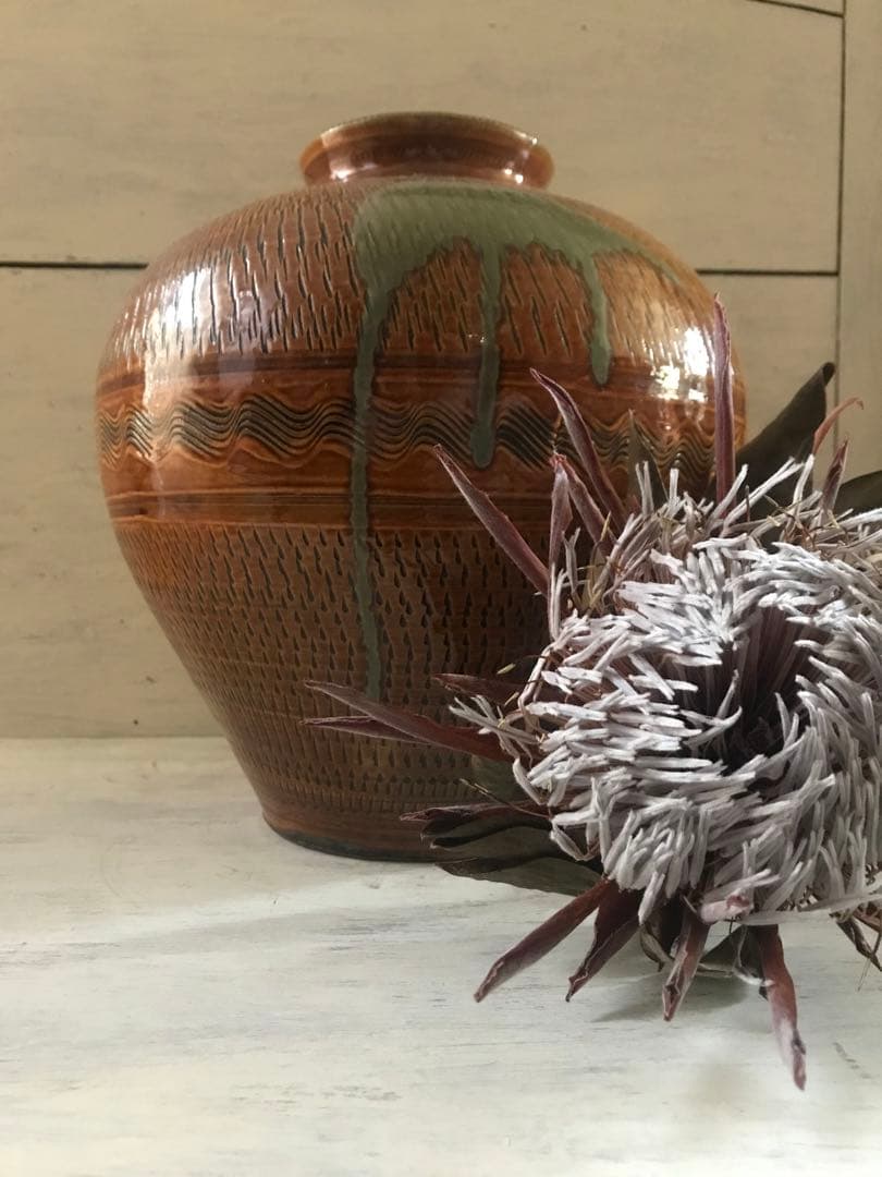 小鹿田焼　壺　花瓶　打ち掛け　飛びかんな