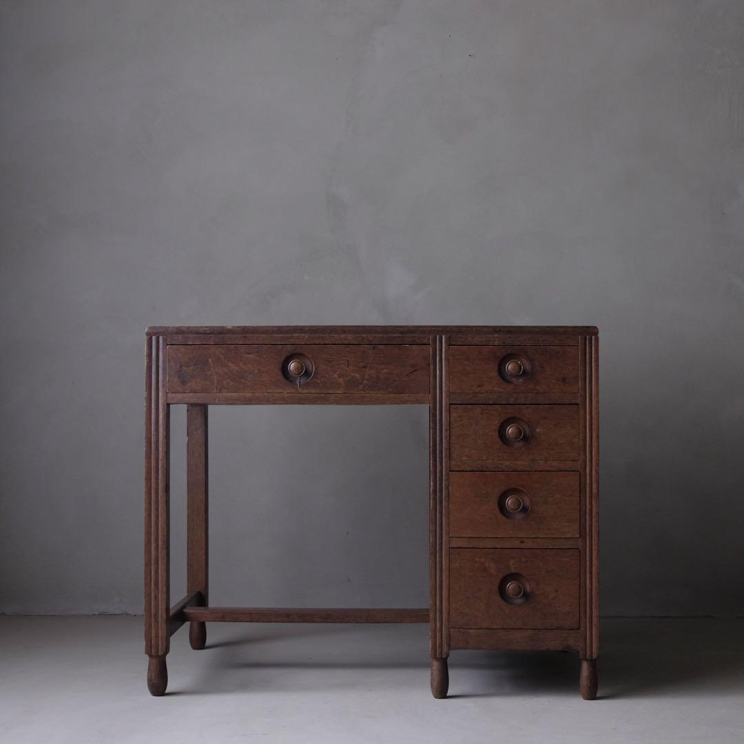 楢材 ５杯抽斗 片袖机　デスク テーブル 引き出し 古家具 アンティーク レトロ