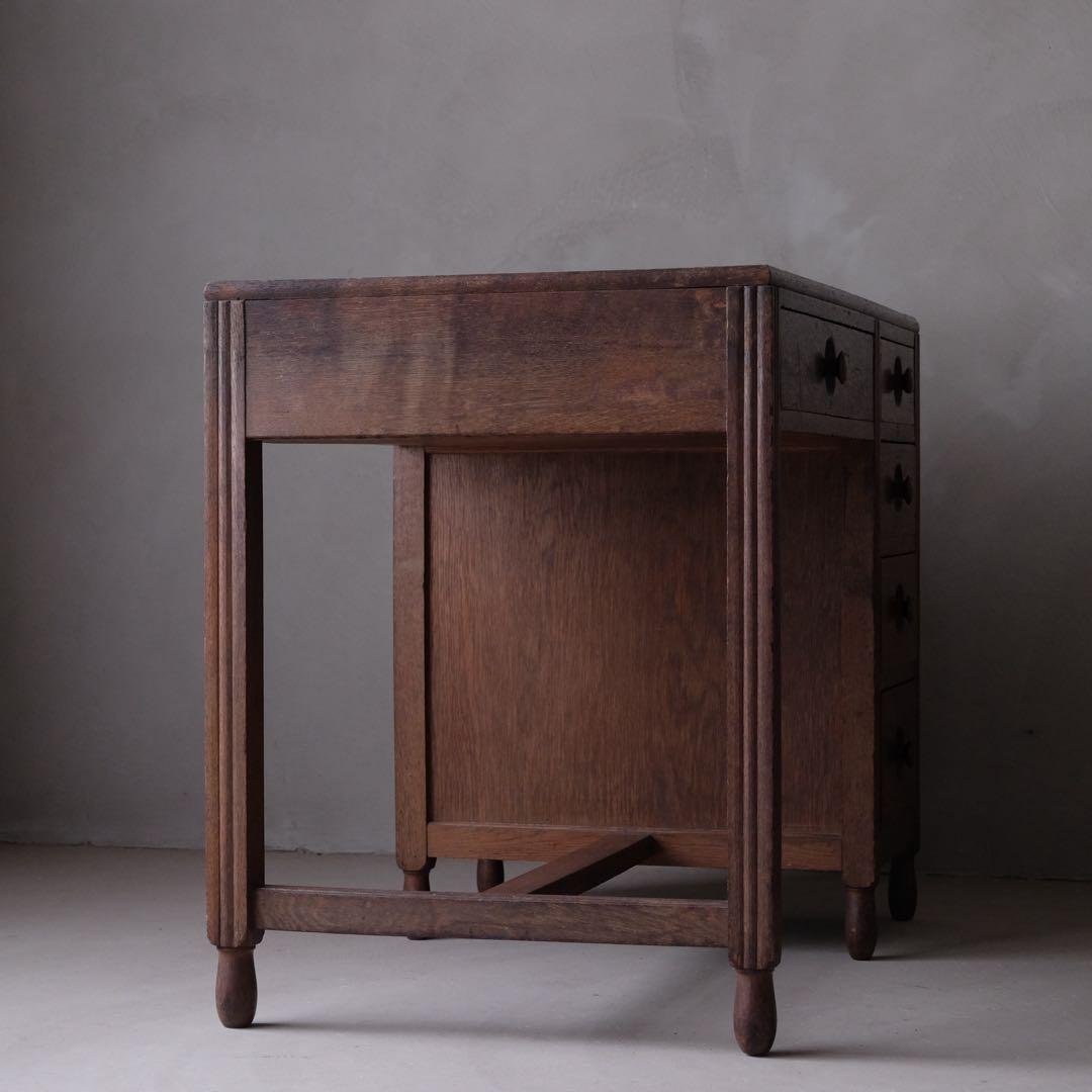 楢材 ５杯抽斗 片袖机　デスク テーブル 引き出し 古家具 アンティーク レトロ