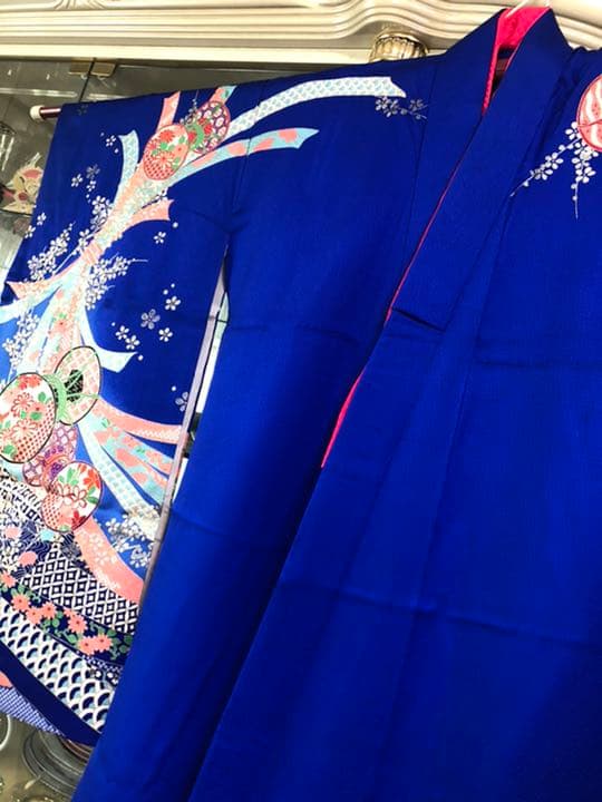 【7才着物/美品】七五三着物フルセット　ロイヤルブルー　※着画写真右側