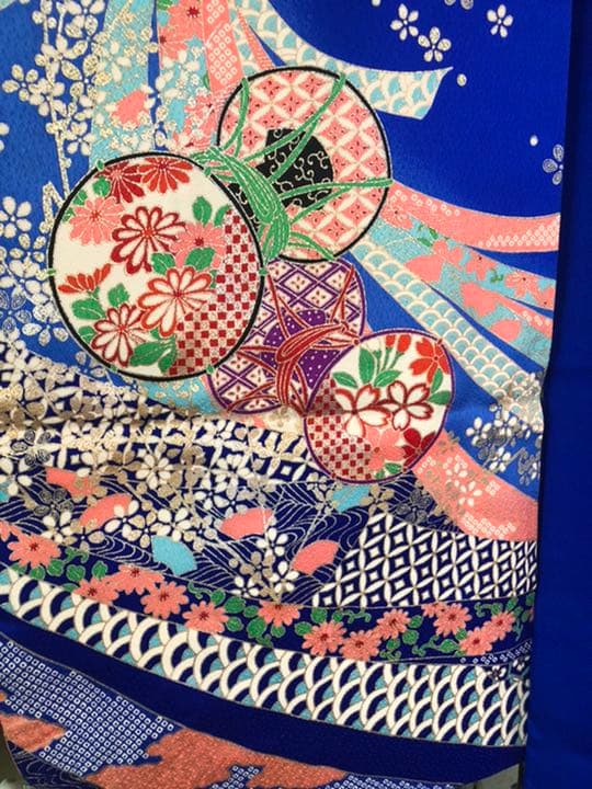 【7才着物/美品】七五三着物フルセット　ロイヤルブルー　※着画写真右側