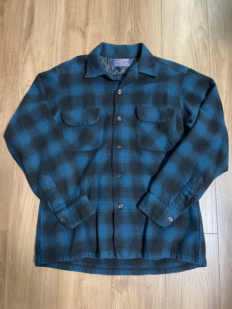 60s Pendleton オンブレチェック ウールシャツMサイズ 青黒
