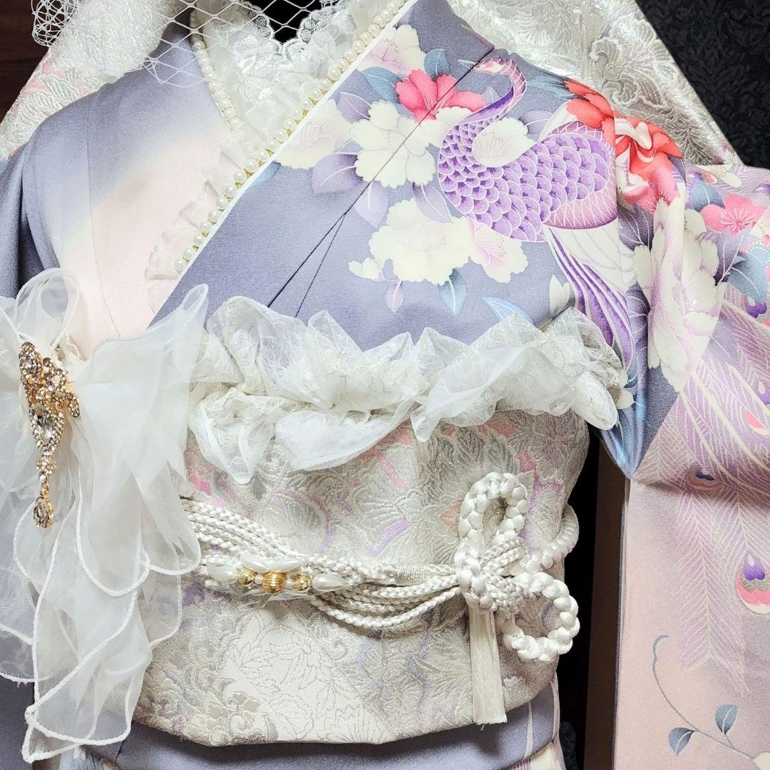 振袖フルセット(9点)・成人式・くすみ・グレー・ピンク・銀彩加工・胴裏正絹・逸品