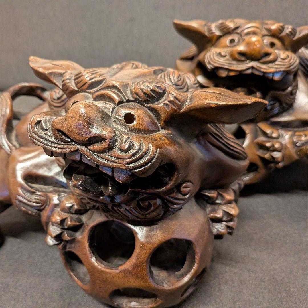 木彫 獅子 置物 一対｜唐獅子 透かし彫り 国際獅子会 敬贈 縁起物