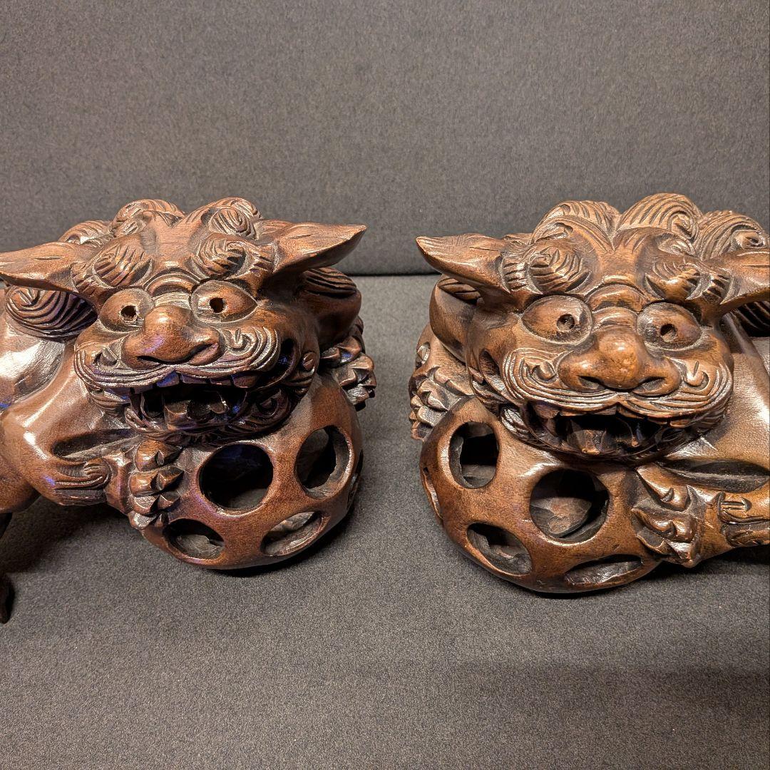 木彫 獅子 置物 一対｜唐獅子 透かし彫り 国際獅子会 敬贈 縁起物