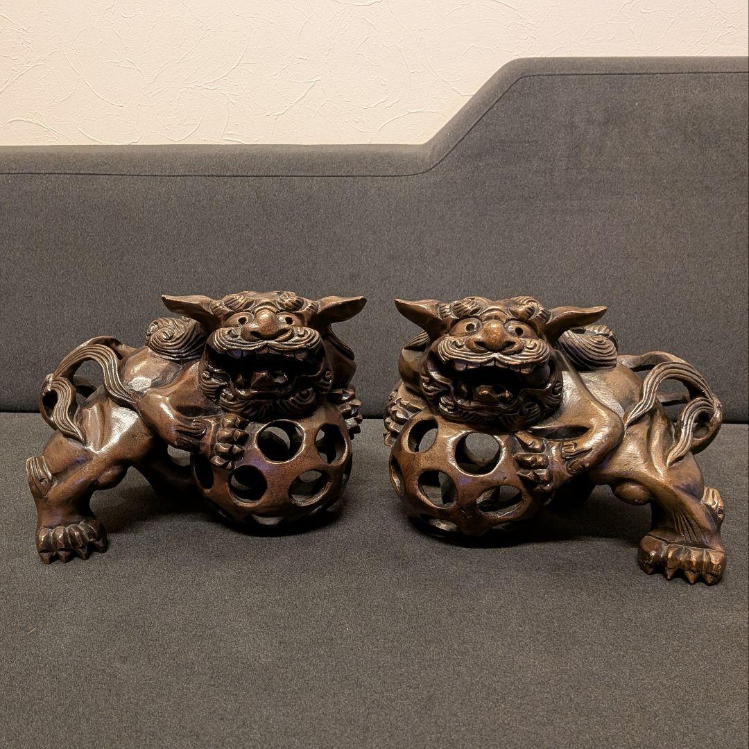 木彫 獅子 置物 一対｜唐獅子 透かし彫り 国際獅子会 敬贈 縁起物