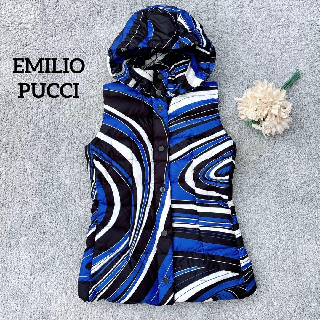 エミリオプッチ　ダウンベスト　プッチ柄　ブルー　フード取り外し　ダウン／フェザー