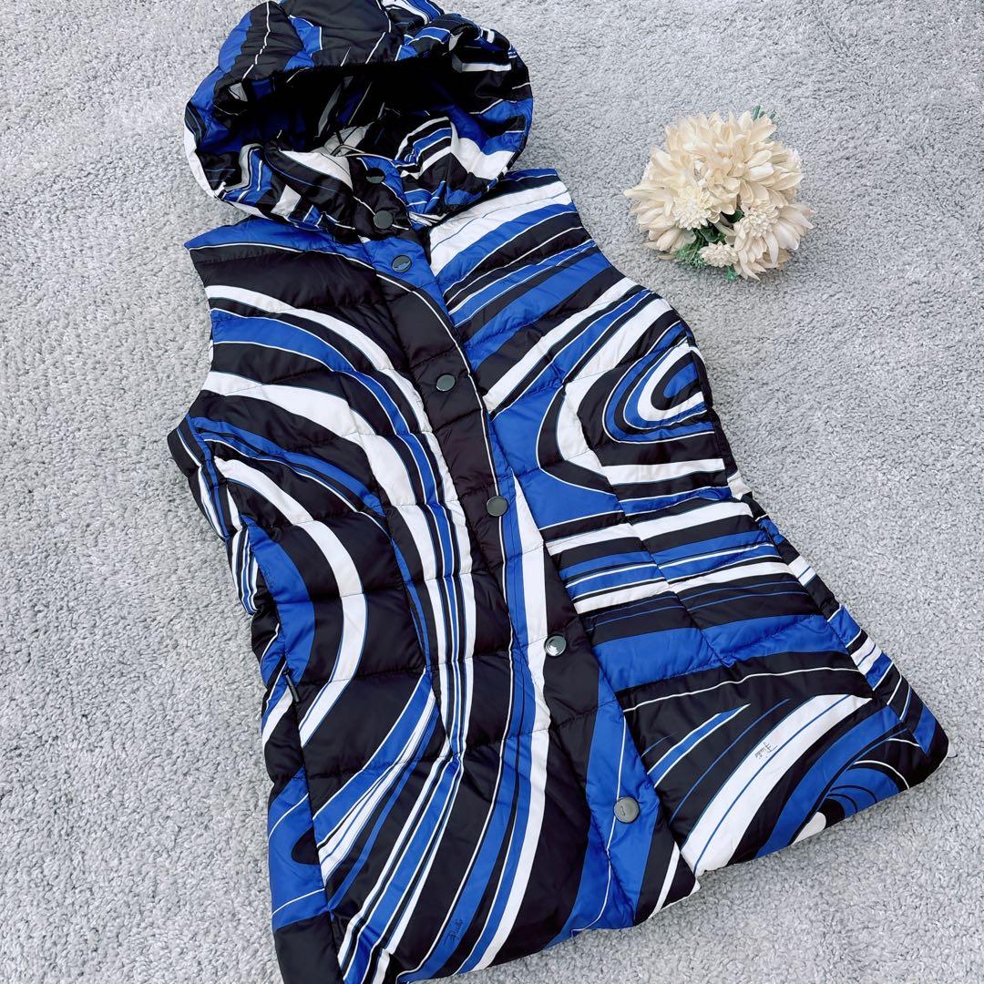 エミリオプッチ　ダウンベスト　プッチ柄　ブルー　フード取り外し　ダウン／フェザー