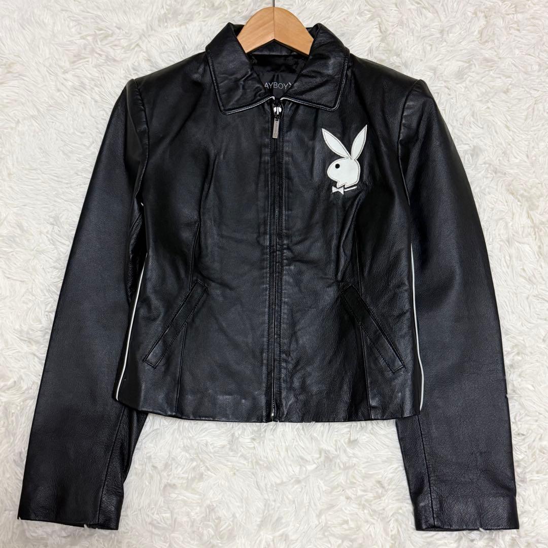 【極美品】プレイボーイ　ライダースジャケット　レザー　ラビットレッド　黒色　M