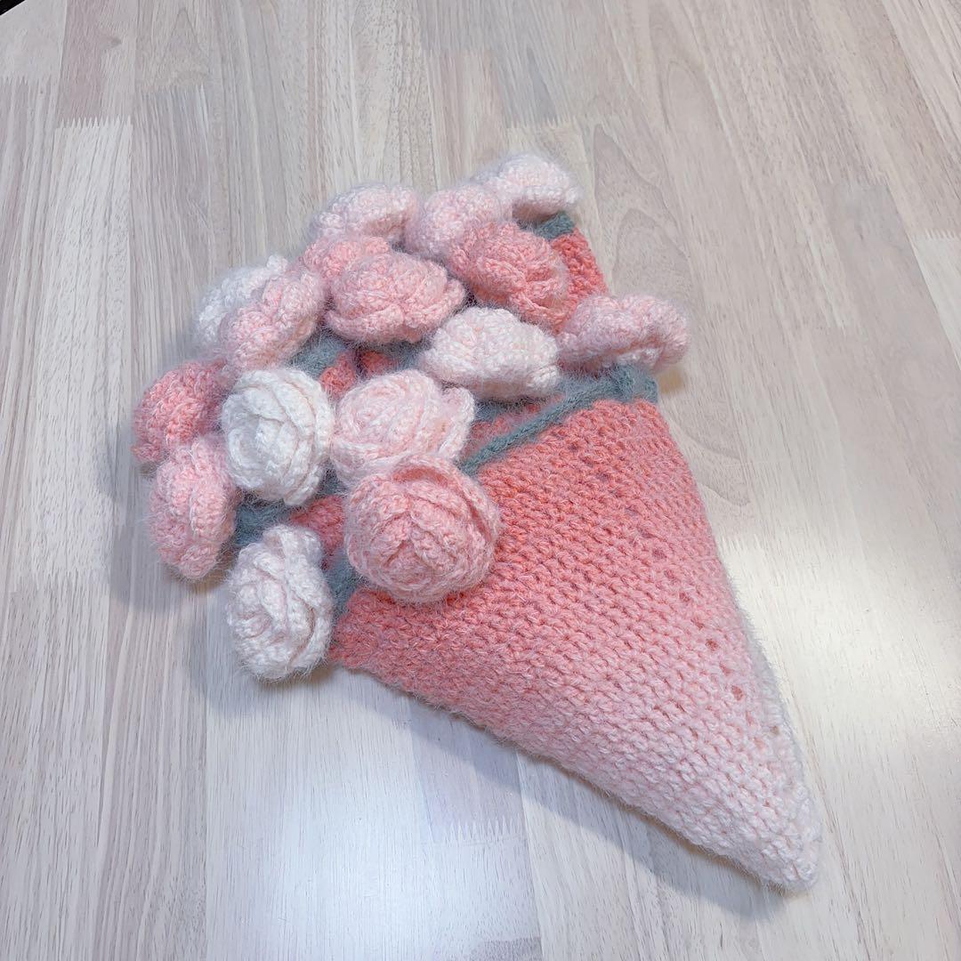 ブーケブランケット ハンドメイド 大きいバラ ピンク系 かぎ針編み 枯れない花