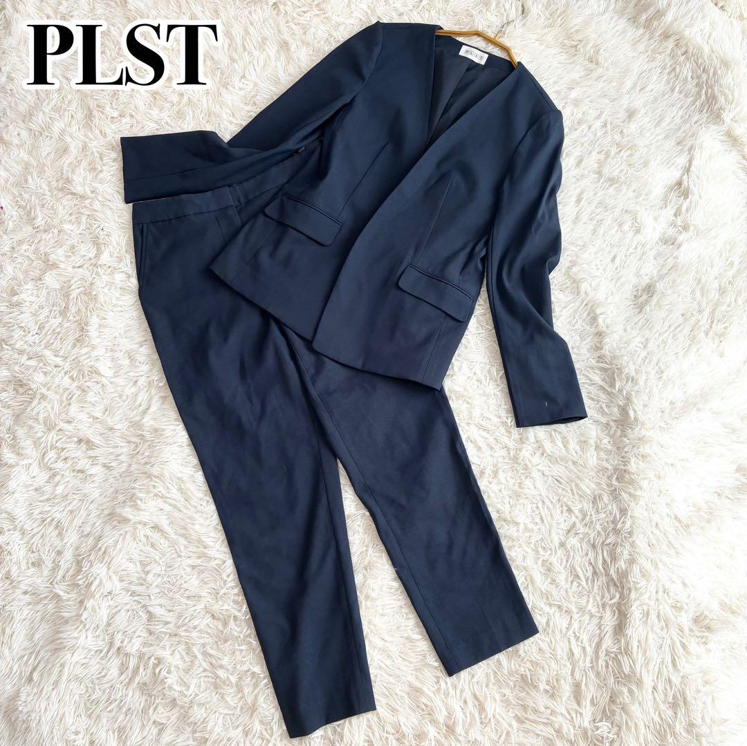 PLST リネンブレンドカラーレスジャケット セットアップ 麻混 ネイビー Ｍ