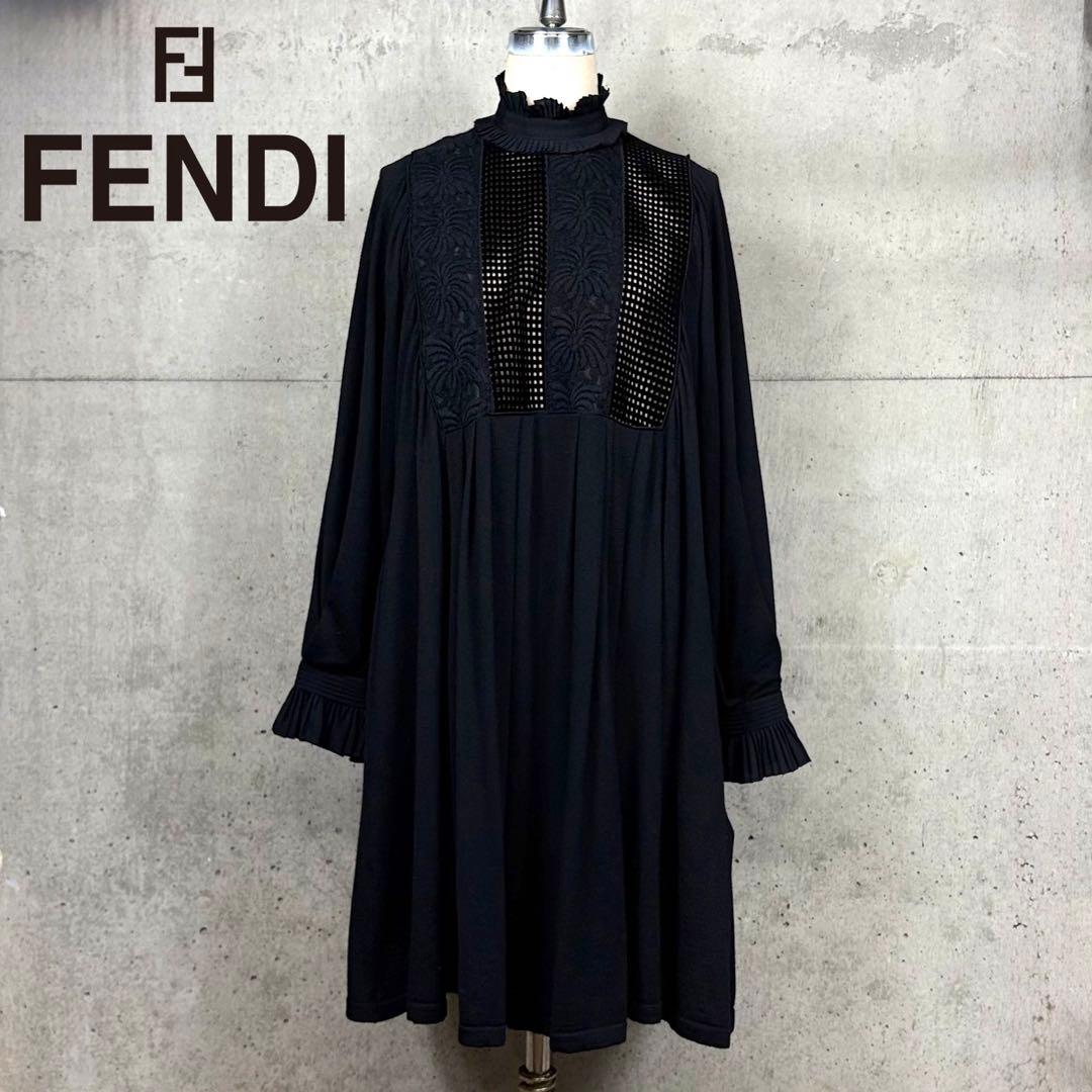 FENDI 刺繍 ワンピース｜フリル ハイネックAライン イタリア製