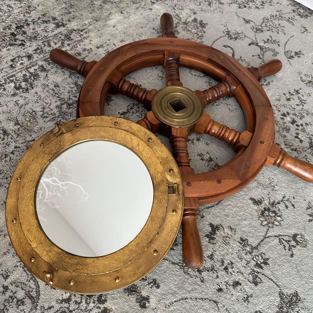 大型　船　舵　ヴィンテージ　ポートホール　鏡　ミラー　船の窓　壁掛け　サリュ