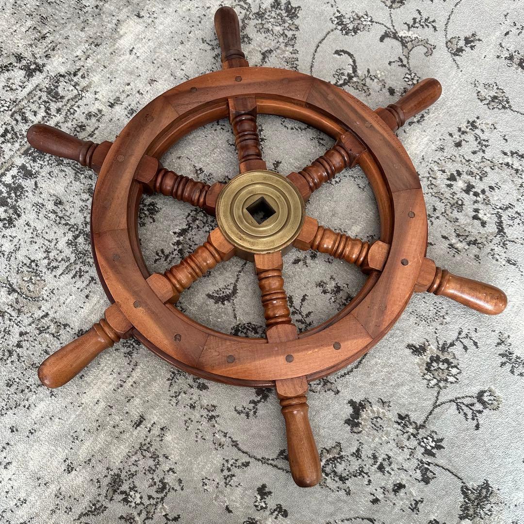 大型　船　舵　ヴィンテージ　ポートホール　鏡　ミラー　船の窓　壁掛け　サリュ