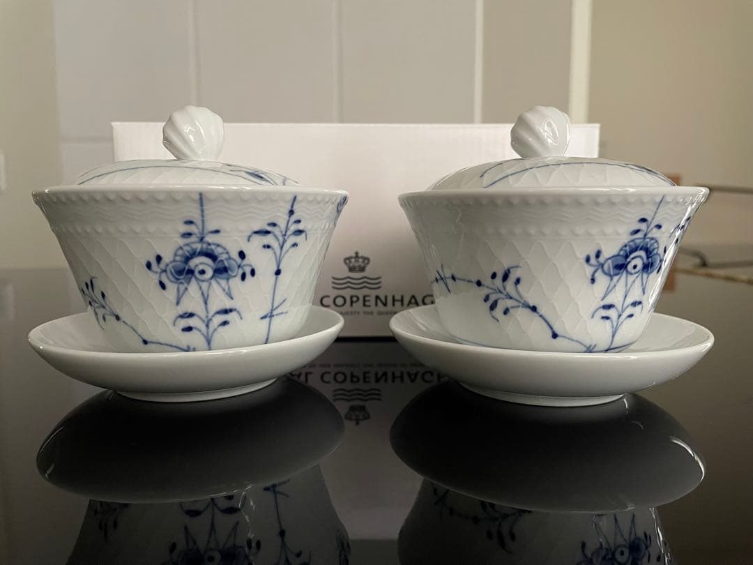 【新品】ロイヤルコペンハーゲン　ブルーパルメッテ 蓋つきカップ&ソーサー 2客