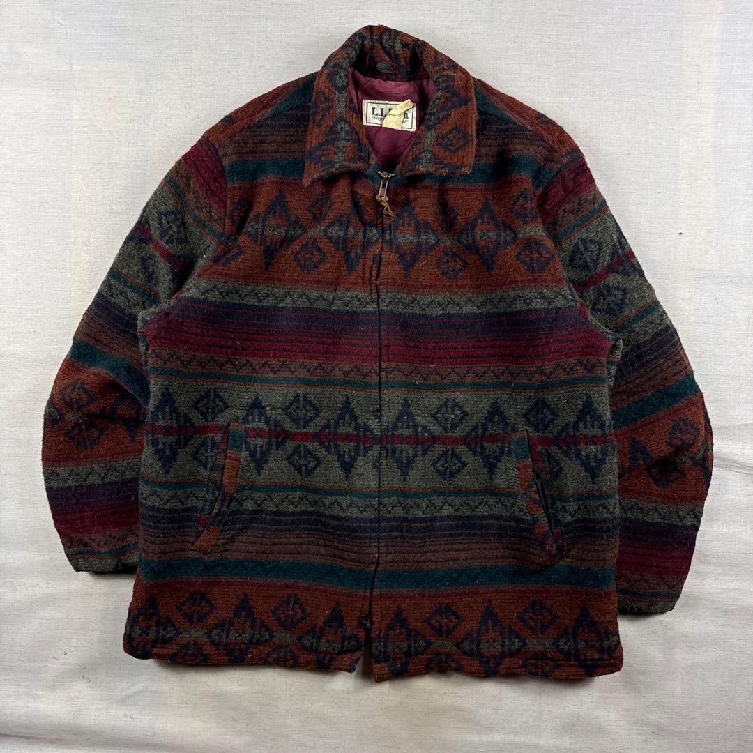80s USA製 llbean ネイティブ柄 ボーダー ウールジャケット 総柄