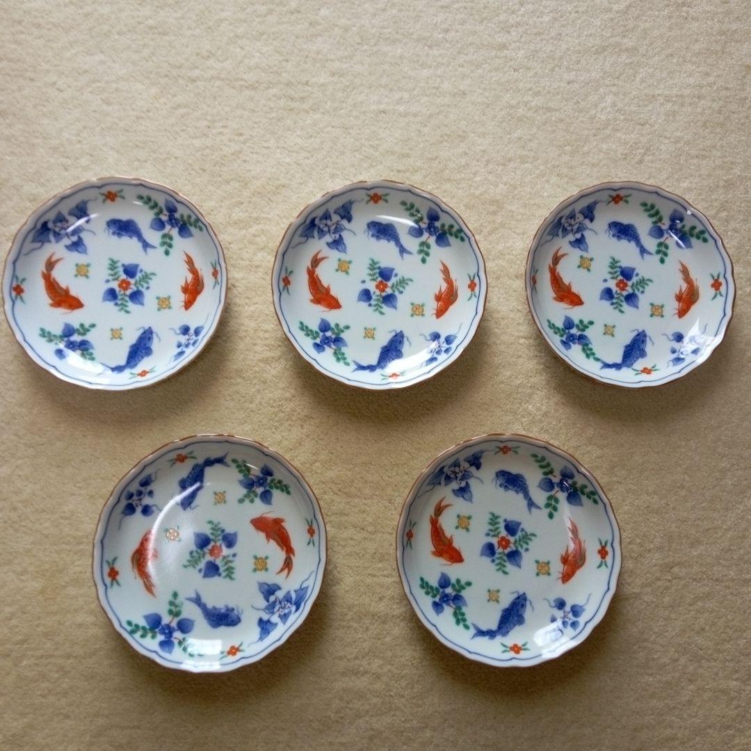 金魚と花模様の皿 5枚セット