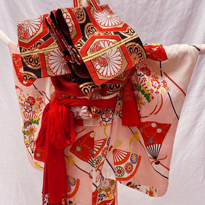 ◎508ag52◎七五三 七歳 女児 アンティーク着物&丸帯 単衣 総柄 白◎