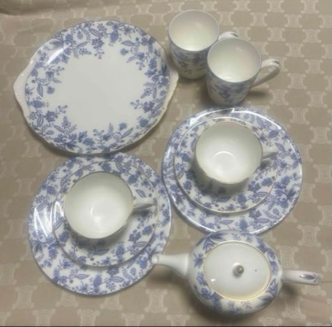 青い花柄 食器セット ティーポット付き