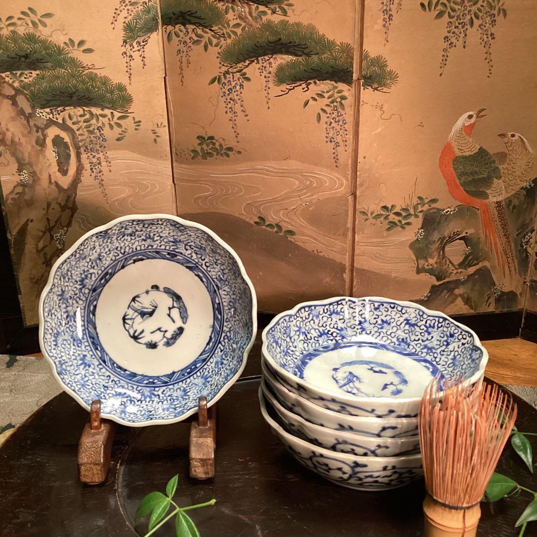 A1026 古伊万里　染付　微塵唐草模様　膾皿　　5客