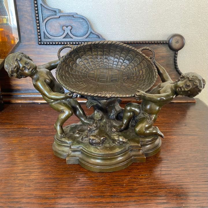 フランスオーギュストモローブロンズ像　籠を抱える二人の天使とても可愛いサインあり