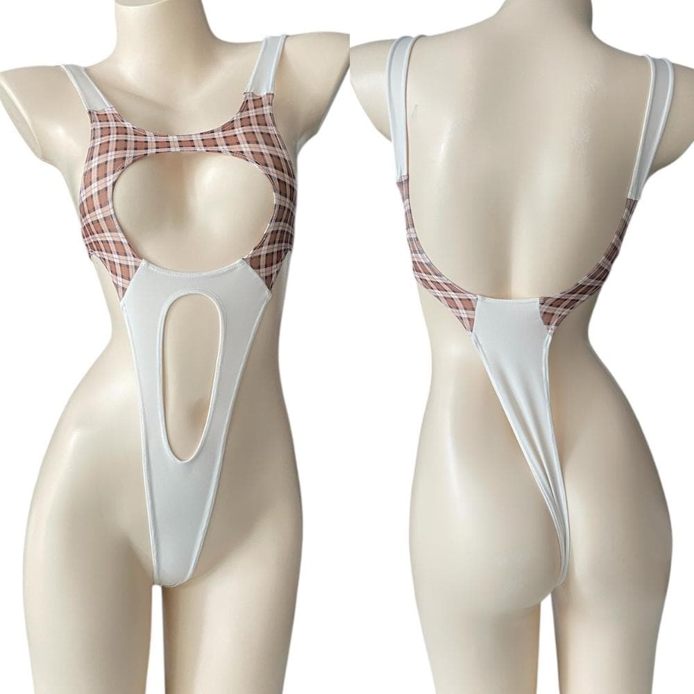 レオタード　ハイレグ　穴あき　キャラメルチェック×オフホワイト