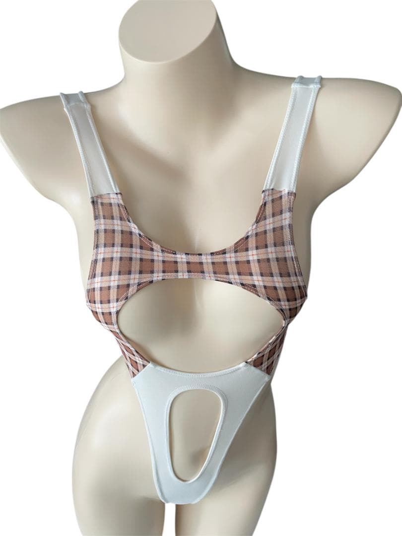 レオタード　ハイレグ　穴あき　キャラメルチェック×オフホワイト