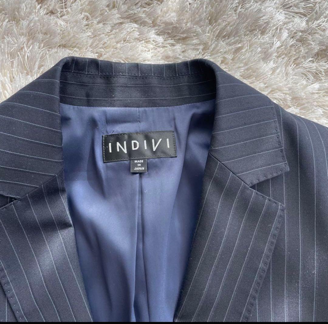タイムセール‼️【ブラウス付き！】INDIVI ネイビー ストライプ パンツスーツ