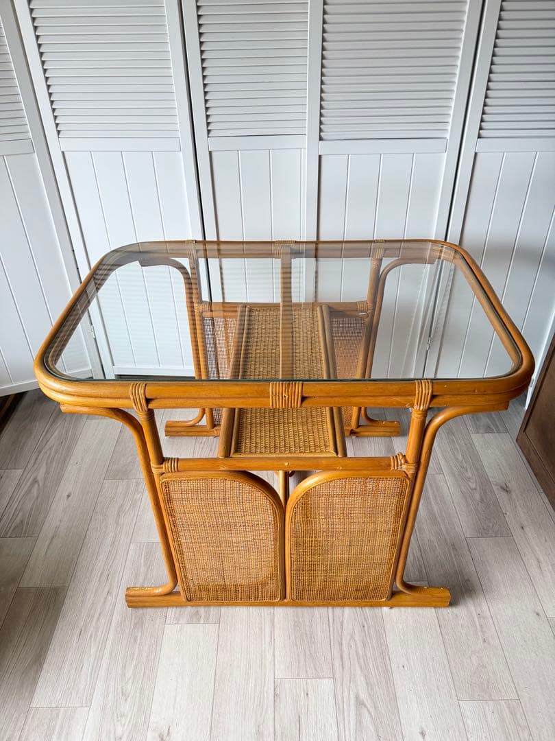 ラタン ガラステーブル 籐 ダイニングテーブル レトロ ビンテージ