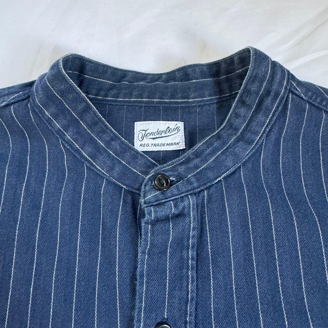 テンダーロイン　スタンドカラー　ワークシャツ　長袖　ストライプ　L ワッペン
