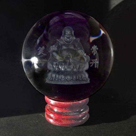 布袋尊 水晶 彫刻 台付 化粧箱付