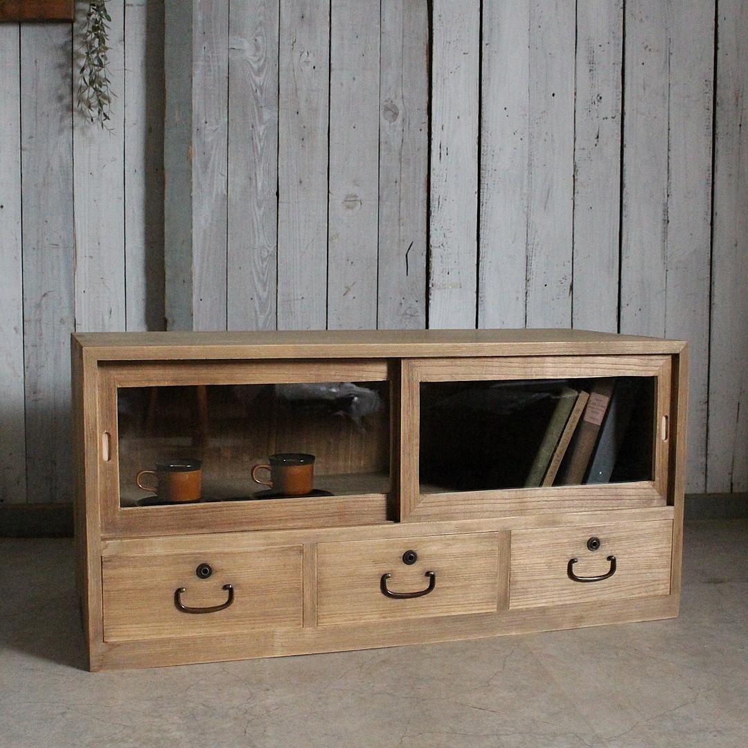 古いガラス戸棚×木製小引き出し3杯　ローチェスト　食器棚　古家具