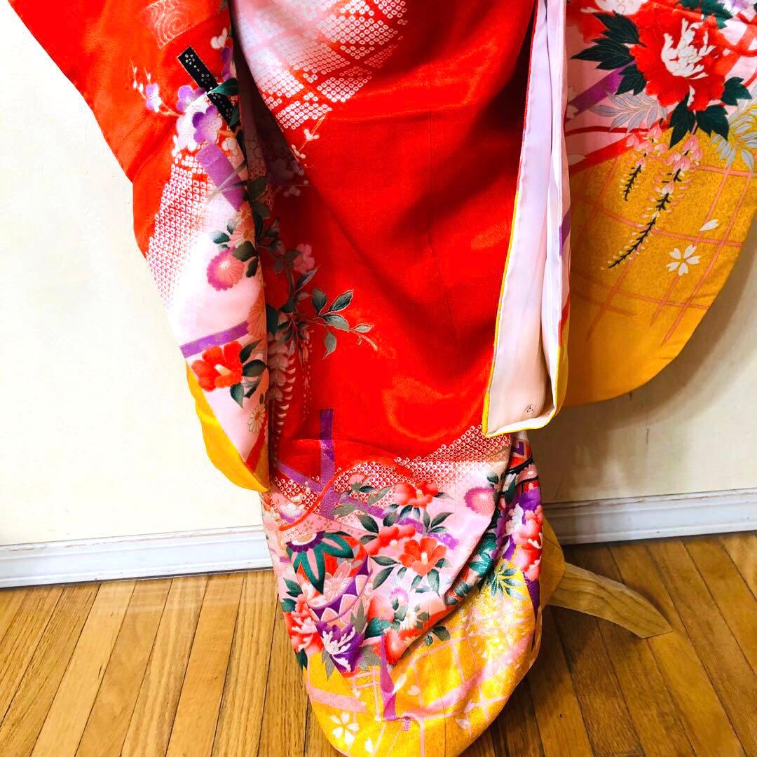 七五三七歳‼正絹赤地×黄色❤️手毬花々金彩ラメきらびやか‼️完全フルセット