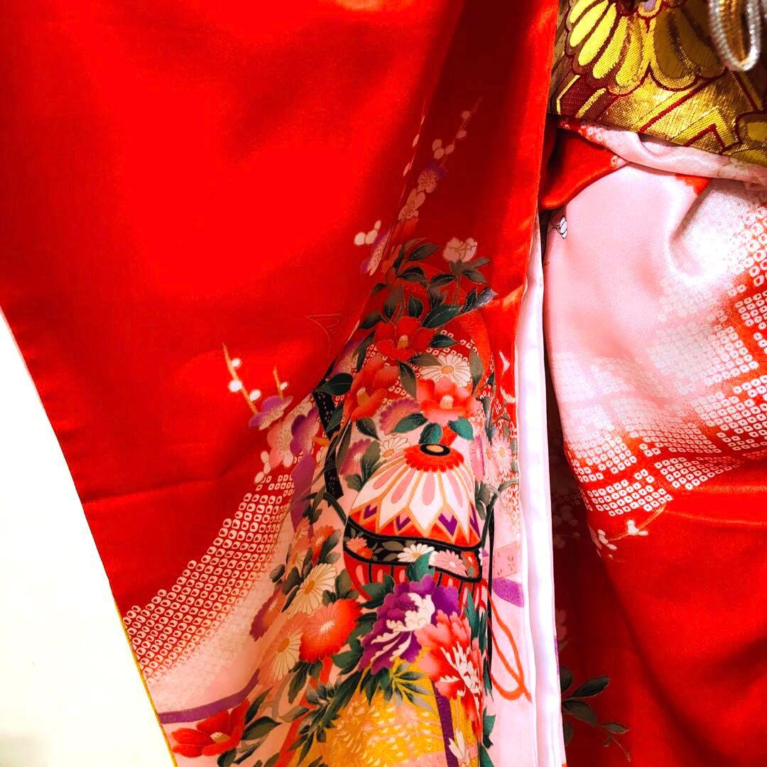 七五三七歳‼正絹赤地×黄色❤️手毬花々金彩ラメきらびやか‼️完全フルセット
