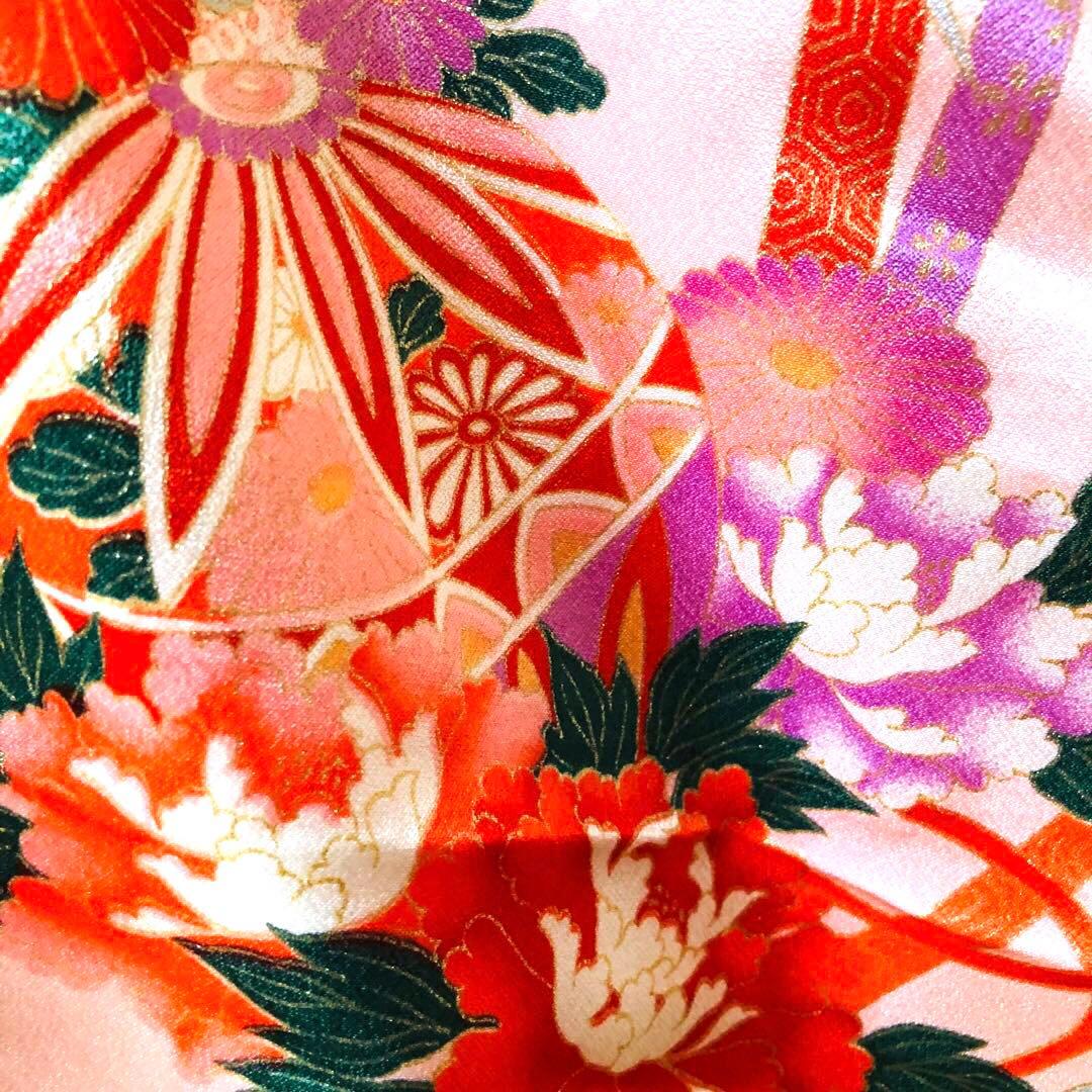 七五三七歳‼正絹赤地×黄色❤️手毬花々金彩ラメきらびやか‼️完全フルセット